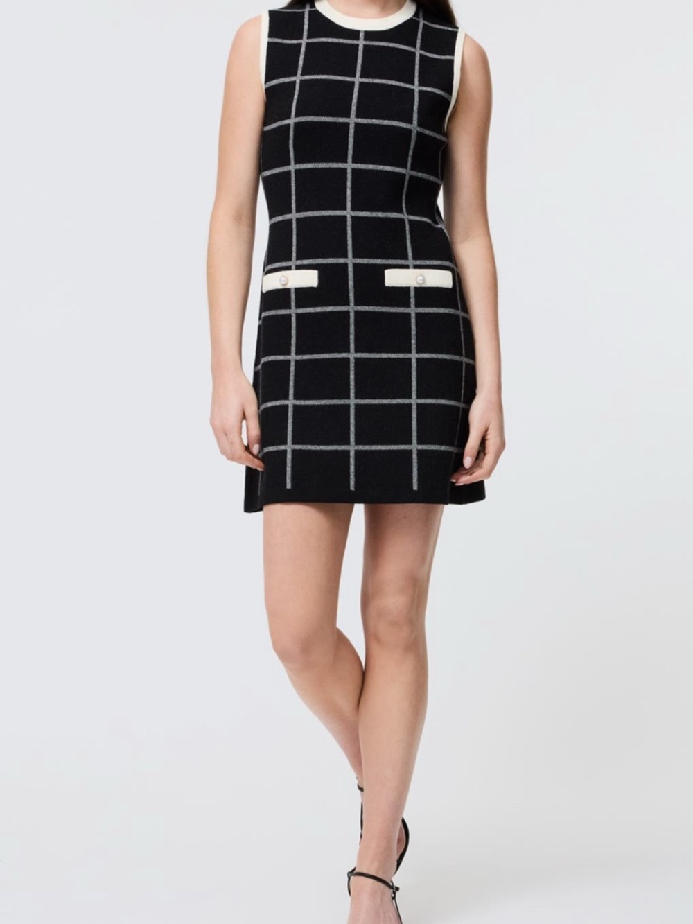 French Connection Sleeveless Navy Windowpane Knit Dress - Large